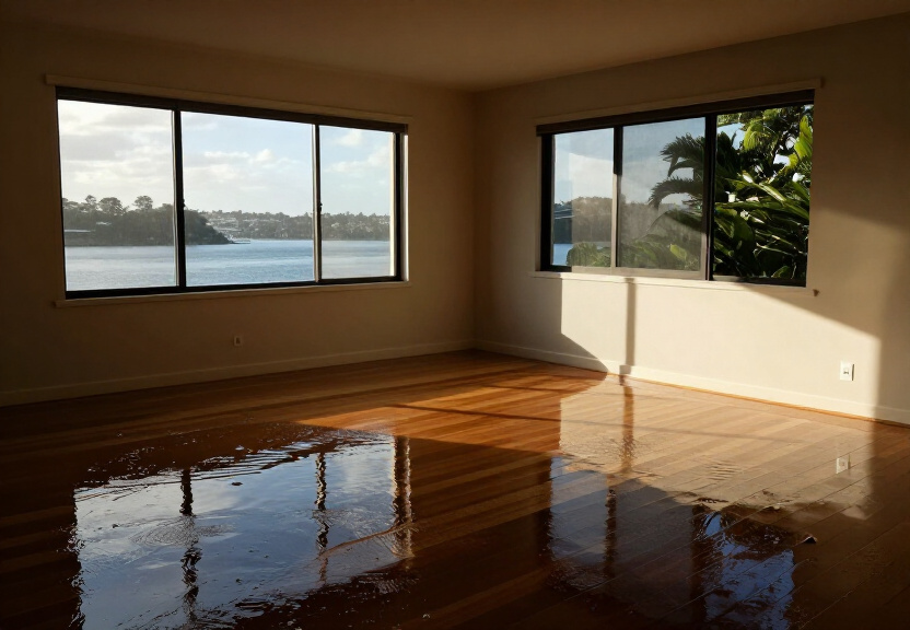Flood-damaged living room in Asquith before restoration